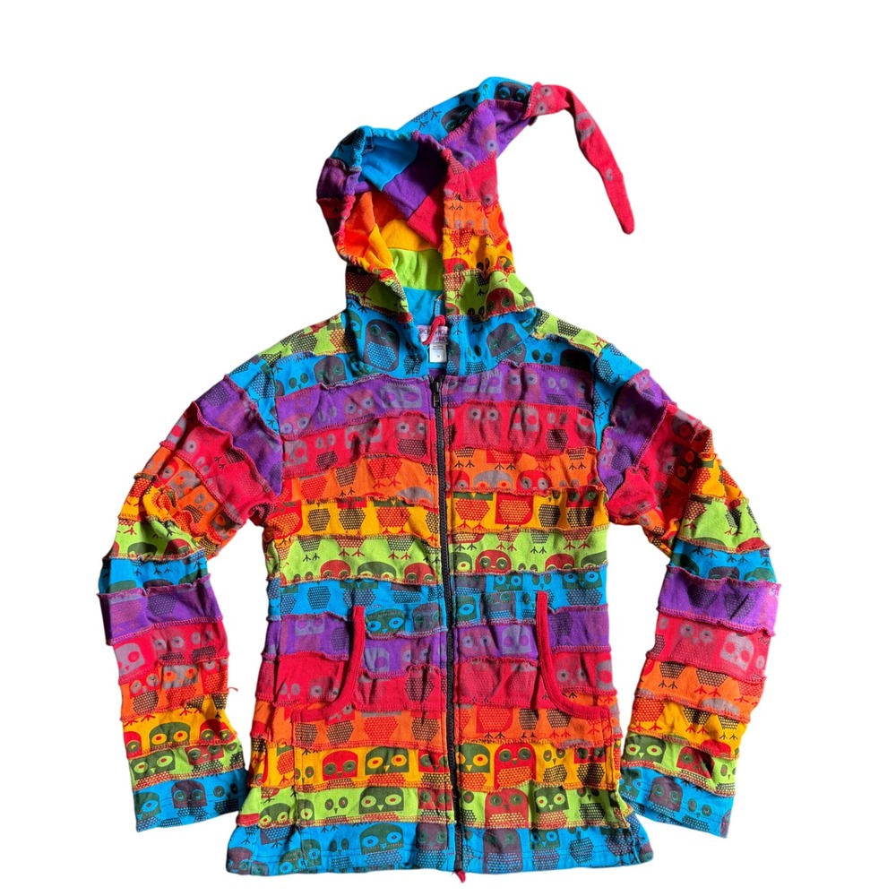 Boho Rainbow Owl Patchwork Hoodie Pixie Hood Hipp… - image 1